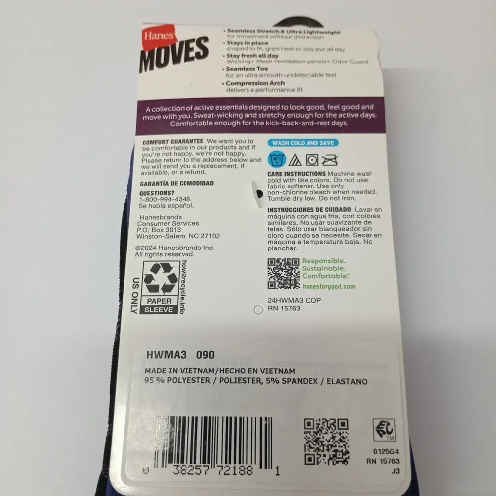 Hanes Moves‎ Ankle Socks 6 Pairs Women's Size 5-9 Assorted Seamless Stretch